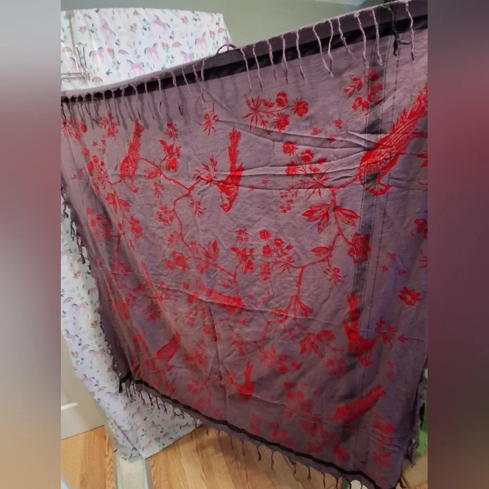 EUC Leigh & Luca Purple & Red Cotton Floral Bird Casual Boho XL Scarf Wrap